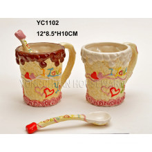 Ceramic Hand-Painted Couples Mug Set with Spoon